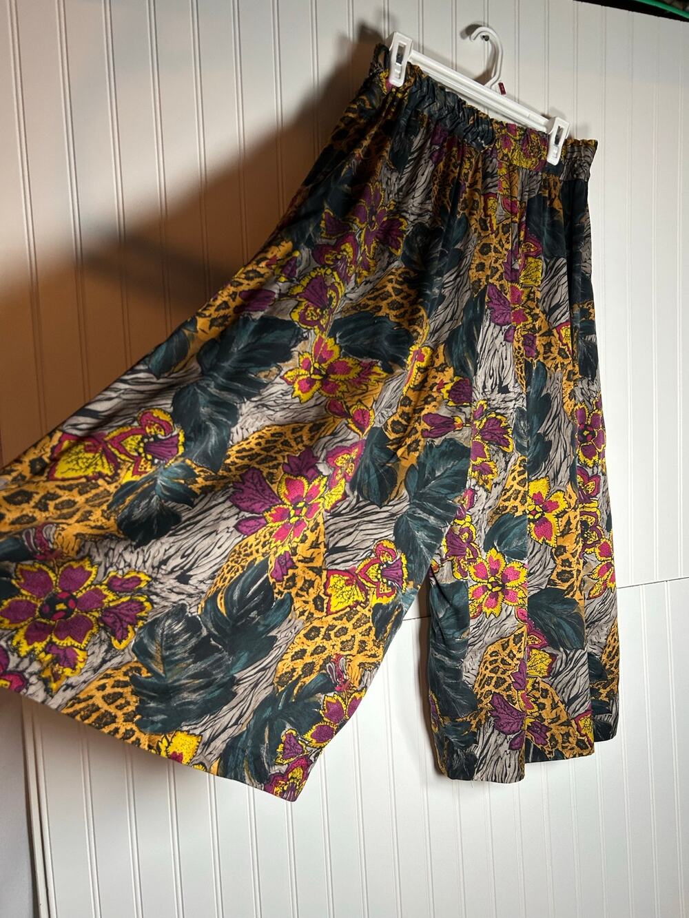 vintage CASSIQUES Women wide leg 100% silk floral pants size M elastic back